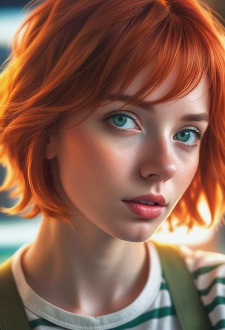 (best quality, masterpiece, beautiful and aesthetic:1.2, colorful, dynamic angle)((Full shot)), (highly detailed illustration), science fiction, extreme detailed, colorful,35mm, bokeh, 9:16, (intricate details, hyperdetailed:1.15), detailed, sunlight passing through hair (high contrast, official art, extreme detailed, highest detailed), <lora:Leeloo_5thElement_MillaJovovich_smf_lora_v2:0.9>, 1girl, l3e1o057h-smf, solo, realistic, shirt, blue eyes, looking at viewer, lips, red hair, parted lips, short hair, upper body, striped shirt, white shirt, suspenders, short sleeves, blurry, nose, bangs, orange hair, indoors, blunt bangs, green eyes, blurry background, portrait <lora:add_detail:0.5>