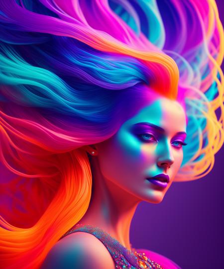 a digital painting of a woman with colorful hair, 3d intricate shapes, ash thorp, flowing neon-colored silk, print advertising, goddess. extremely high detail, colorful vivid octane render, arcane from netflix, full color catalog print, 3 d close - up, surreal, hypermaximalist