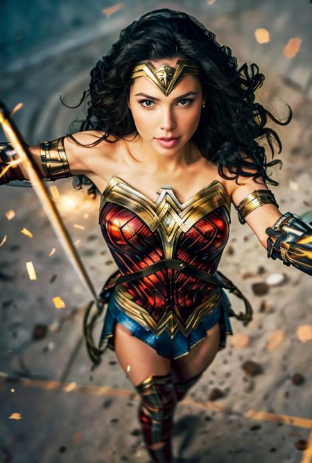 <lora:GalGadot:0.85:lbw=1,0,0,0,1,1,0,0,1,1,1,1,1,1,1,1,1>gaierjiaduo face,gaierjiaduo body,
wonderwomansuit, gaierjiaduo face, wonder woman, 1girl, weapon, sword, solo, armor, long hair, black hair, shield, boots, brown eyes,
(8k, RAW photo, best quality, masterpiece:1.2), (realistic, photo-realistic:1.55), (ultra-detailed:1.34), highres,
(pov:1.5) <lora:wonderwomannewsuit:0.2>
 <lora:wonderwomannewsuit:0.34> <lora:more_details:0.2>