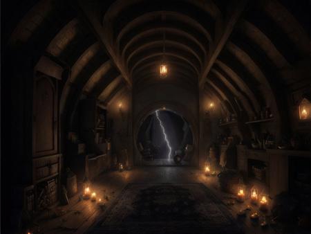 <lyco:hobbit house_v1.0:1.0>  hobbit house, spooky, Attic, realistic, night, lightning