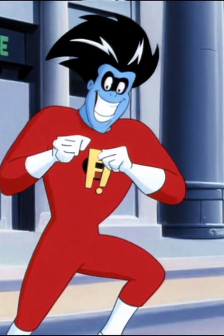 <lora:Freakazzoid:0.8>1boy, black hair, blue skin, clenched hands, full body, grin, male focus, parody, red shirt, simple background, smile, solo, teeth, on the street, cartoon, screenshot from the 1983 film,