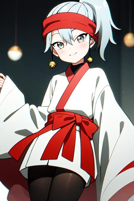 masterpiece, best quality, <lora:kunoichi_uikyou:0.7> 1girl, solo, grey eyes, grey hair, ponytail, red headband, single jingle bell, white kimono, one long sleeve, wide sleeve, black legwear, looking at viewer, cowboy shot, light smile, short hair,