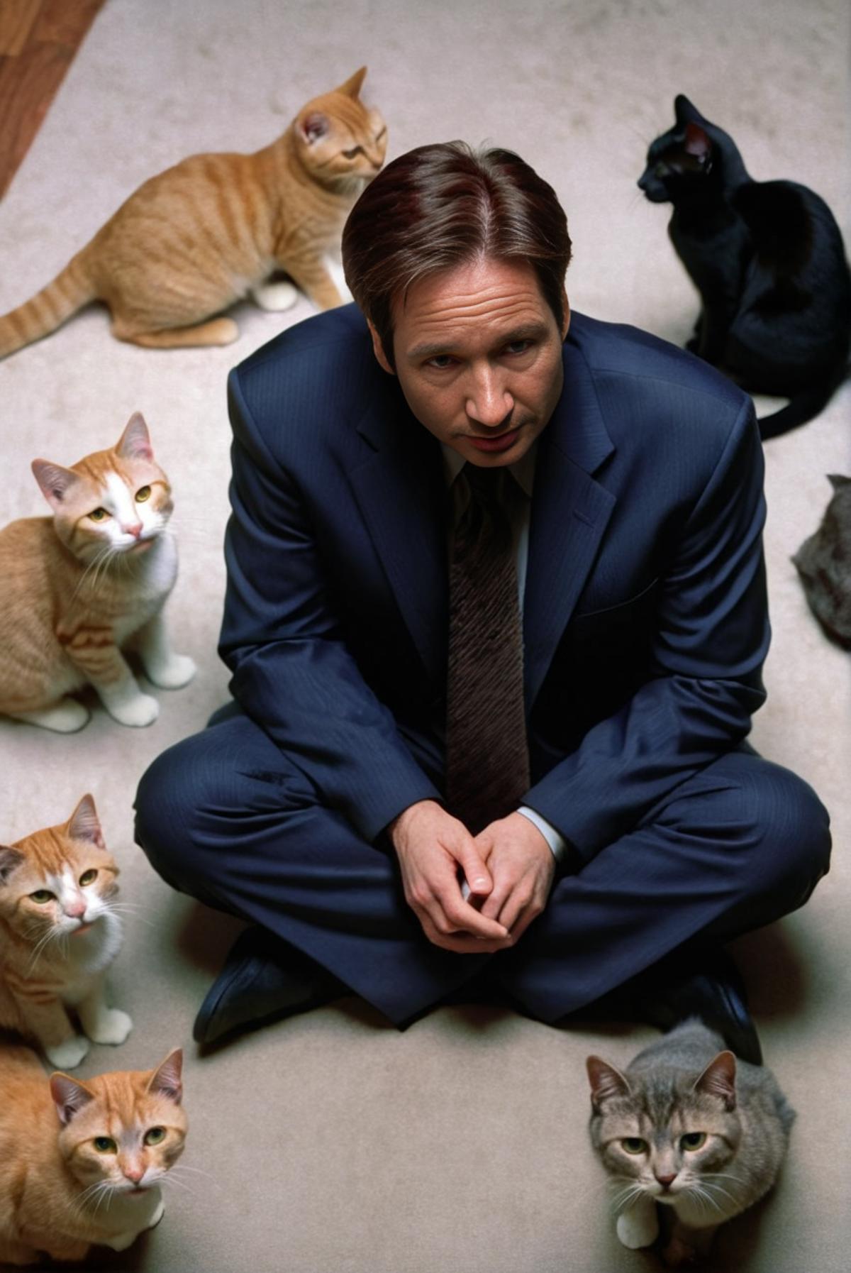 A man in a suit sits on the floor with multiple cats surrounding him.