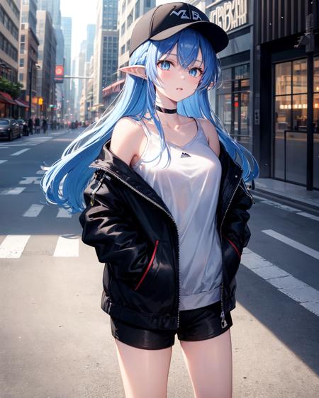 1girl, long hair, car, solo, outdoors, motor vehicle, shorts, pointy ears, blue eyes, hat, ground vehicle, blue hair, jacket, looking at viewer, off shoulder, black headwear, short shorts, black jacket, choker, hood, long sleeves, standing, hands in pockets, cowboy shot, road, parted lips, street, bangs, building, day, black choker, open jacket, collarbone, hoodie, bare shoulders, baseball cap, city, very long hair, shirt, open clothes, white shirt, white hoodie, hood down, <lora:StylePaleSilver:0.7>