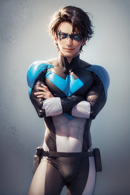 (masterpiece, best quality:1.2), <lora:dccomics_nightwing-10:1>, cowboy shot, solo, male focus, 1boy, nightwing, superhero, smile, looking at viewer, crossed arms, domino mask, bodysuit