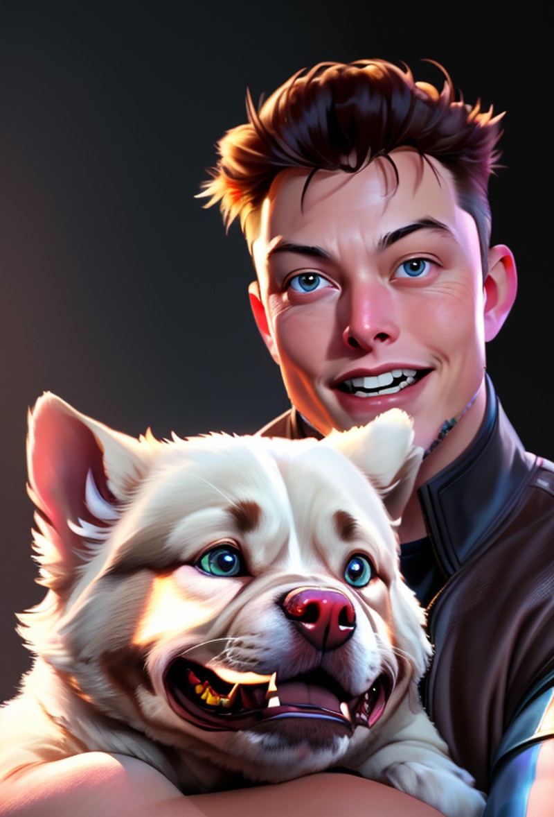 8k portrait of man (elon musk) (laughing:1.2) and holding a dog, 
wrestling ring background,
intricate, highly detailed, d...