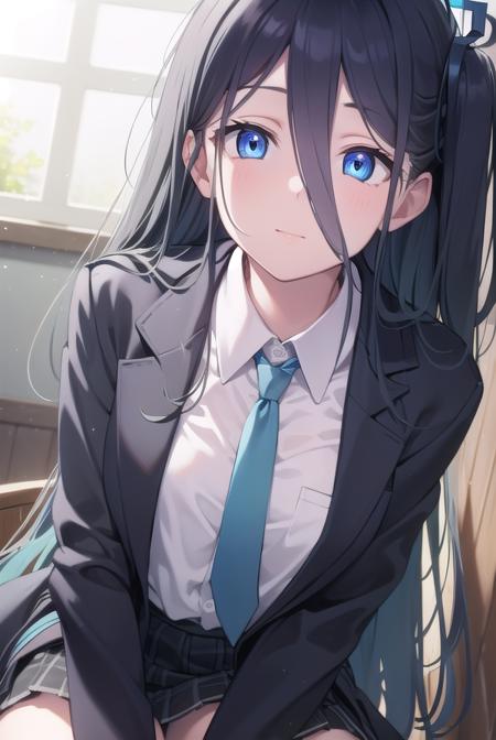 bluearchivearis, <lyco:bluearchivearis-lyco-nochekaiser:1>, 
aris, black hair, blue eyes, hair between eyes, halo, long hair, one side up, hair ribbon, (flat chest:1.2),
BREAK necktie, blue necktie, jacket, skirt, school uniform, white shirt, collared shirt, black skirt, white jacket, long sleeves,
BREAK looking at viewer, 
BREAK indoors, classroom,
BREAK <lyco:GoodHands-beta2:1>, (masterpiece:1.2), best quality, high resolution, unity 8k wallpaper, (illustration:0.8), (beautiful detailed eyes:1.6), extremely detailed face, perfect lighting, extremely detailed CG, (perfect hands, perfect anatomy),