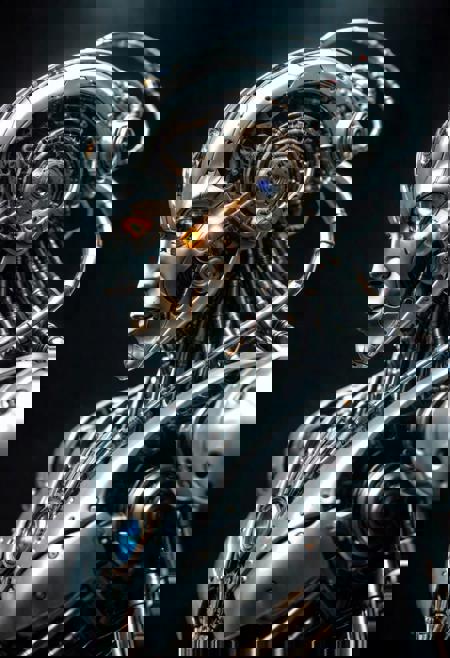 In a mesmerizing blend of fantasy and science fiction, behold the illusory presence of a majestic cyborg. The subject of this vignette cinematic photograph appears as a striking combination of human and machine, exuding an aura of awe-inspiring power. The image, perhaps a digitally enhanced photograph, vividly captures the intricate details of the cyborg's metallic framework, adorned with shimmering, iridescent patterns reminiscent of the aurora borealis. Its artificially intelligent eyes emit a mesmerizing neon glow, reflecting both power and enigma. The seamless fusion of technological marvel and ethereal grace make this image a testament to the meticulous craftsmanship behind its creation, allowing viewers to immerse themselves in the enigmatic world of a truly magnificent cyborg.