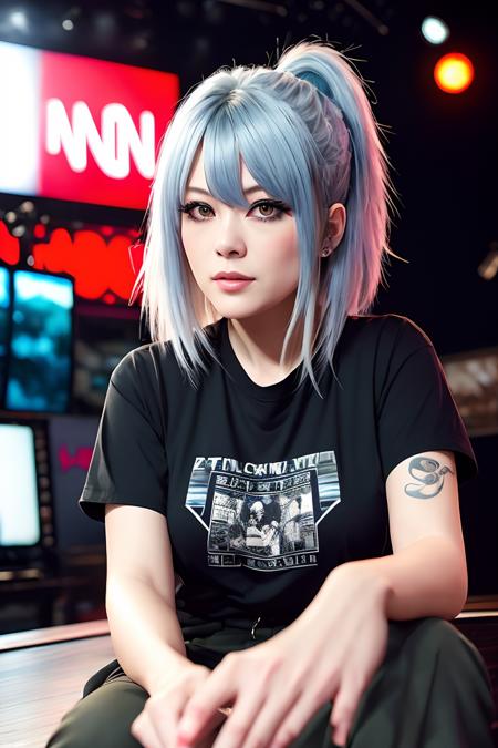 photo of (fukicommune:0.99), a woman as a sexy rock singer, (being interviewed on tv), (in a CNN tv studio), (wearing an emo rock outfit:1.1), (black top with a logo), (white hair), (doing a peace sign with her hands), modelshoot style, (extremely detailed CG unity 8k wallpaper), photo of the most beautiful artwork in the world, professional majestic oil painting by Ed Blinkey, Atey Ghailan, Studio Ghibli, by Jeremy Mann, Greg Manchess, Antonio Moro, trending on ArtStation, trending on CGSociety, Intricate, High Detail, (Sharp focus:1.1), dramatic, photorealistic painting art by midjourney and greg rutkowski, (trousers), ((looking at viewer:1.2)), (detailed pupils:1.3), (extremely sexy:1.2)