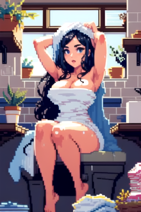 <lora:pixel:0.9>(((pixelart)))  1girl, solo, long hair, breasts, large breasts, black hair, holding, cleavage, sitting, sky, barefoot, day, cloud, indoors, armpits, arm up, blue sky, wet, book, window, phone, cat, cellphone, plant, towel, arm behind head, potted plant, naked towel, bathroom, stool, shelf, sink, washing machine