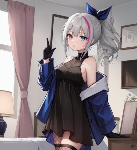 <lora:MDRDress:1>,1girl,MDRDress,ponytail,bare shoulders,streaked hair,black dress,gloves,hair ribbon,grey hair, pink hair, heterochromia,off shoulder,cross,blue eyes,pink eyes,fishnets,blue jacket,single fishnet legwear