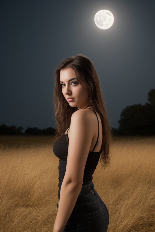 portrait photo of a beautiful young eastern European woman with a fair complexation, standing and posing for the camera in the moonlight.