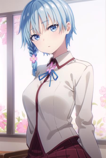 lunakusami, <lora:luna kusami s1-lora-nochekaiser:1>,
luna kusami, short hair, blue eyes, hair ornament, blue hair, flower, hair flower, braid, single braid,
BREAK skirt, long sleeves, school uniform, pleated skirt, serafuku,
BREAK indoors, classroom,
BREAK looking at viewer, (cowboy shot:1.5),
BREAK <lyco:GoodHands-beta2:1>, (masterpiece:1.2), best quality, high resolution, unity 8k wallpaper, (illustration:0.8), (beautiful detailed eyes:1.6), extremely detailed face, perfect lighting, extremely detailed CG, (perfect hands, perfect anatomy),