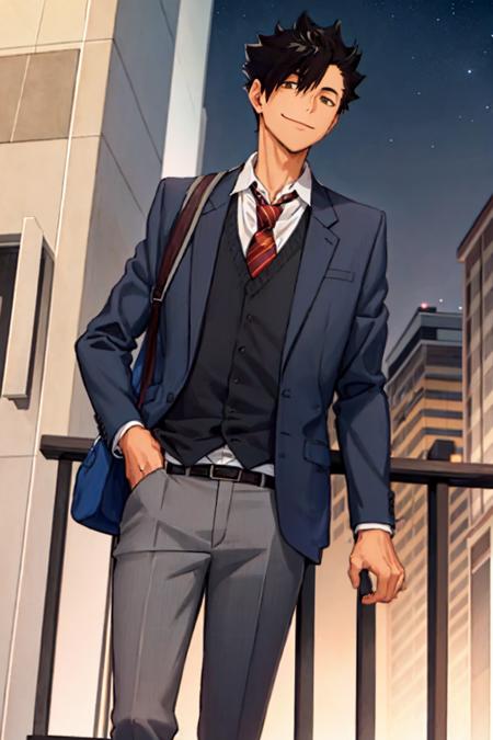 masterpiece, best quality, 1boy, <lora:kuroo:0.8>, solo, black hair, brown eyes, white shirt, collared shirt, necktie, blue blazer, grey pants, (night sky), smiling, looking at viewer, half body