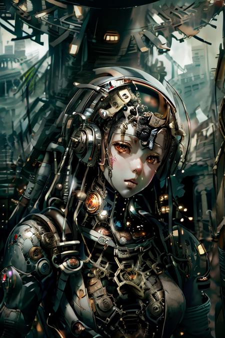 ttdoll,ttruins,1girl, solo, (masterpiece,best quality), <lora:ttdoll:1>,portrait, close-up,steam, gears, machinery, building,  <lora:Moderncity_ttruins:1>,ruins,