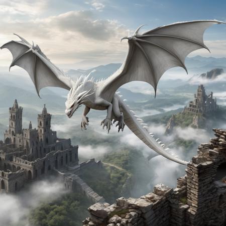 imagine a realistic photo of a white dragon gliding on its wings like a falcon in the foreground,  a misty valley filled with ruins is in the background, (detailed realistic dragon)