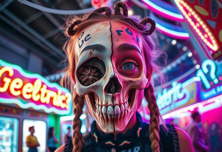 “A whimsical and surreal portrait of a girl with a distorted, comical face, featuring one eye larger than the other, vibrant face paint, and two playful braids in her hair. Half of her face is a real, bones skull, with detailed, decayed bone structure, exposing cracked and aged bones, and the skull appears lifelike yet worn with time. The other half is covered in exaggerated, colorful face paint. The skull gives off a gritty, almost macabre vibe, blending with the lively and hype atmosphere of the carnival. Captured using a 12mm fisheye cinematic prime lens for an exaggerated perspective. The setting is a lively carnival with neon lights, whimsical decorations, and a dreamy yet unsettling atmosphere. A rotten, old light banner in the background displays the text: ‘Go Elettric!?’ in flickering, uneven letters. The colors and contrasts are enhanced for a surreal effect, combining playful and eerie styles, with a mix of humor and dark visual artistry.”