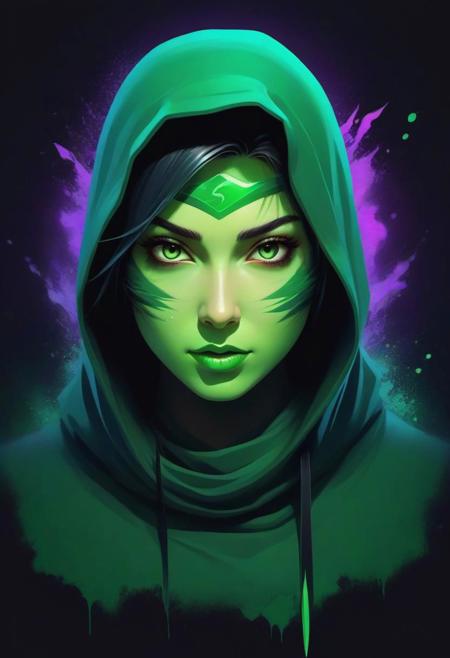 A detailed illustration face evil ninja woman,magic, t-shirt design, green color , dark magic splash, dark, ghotic, t-shirt design, in the style of Studio Ghibli, pastel tetradic colors, 3D vector art, cute and quirky, fantasy art, watercolor effect, bokeh, digital painting, low-poly, soft lighting, bird's-eye view, isometric style, retro aesthetic, focused on the character, 4K resolution, photorealistic rendering, using Cinema 4D