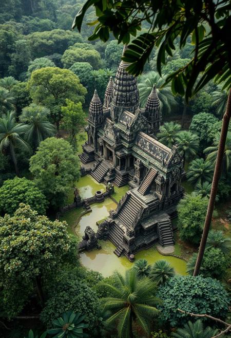 The angkor temples made of slime in the unexplored jungle viewed from above