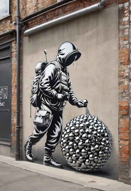 made from chrome balls, [(contemporary street art:1.35) ::0.35], (Banksy and Pejac -inspired octane rendering with a dusty, simple touch), [Frank Cho and Kay Sage influence: artistic flair: 0.70], a contemporary street art piece inspired by Banksy's style rendered in octane, featuring a dusty and simple aesthetic, drawing artistic flair from the influences of Frank Cho and Kay Sage for a unique and captivating composition