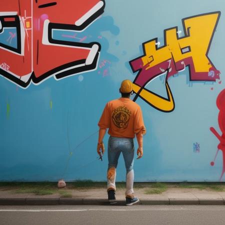 (Masterpiece of painting:1.3), modern streetart, graffitti art, writing, character, on a wall, huge, large, crazy painting, thick outlines, flat style, highlights, fadings, shading, (flat comic style character:1.3), simple color scheme, mascot, goblin, highly detailed, impressive, surprising, meaningful, fullscreen, taggings, frameless,