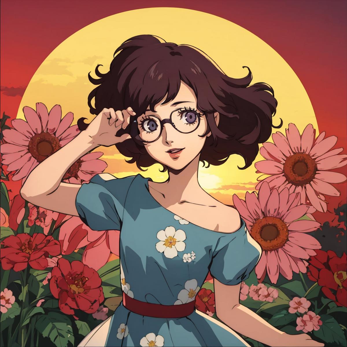 A woman with glasses and a flower dress posing in front of a sunflower field.