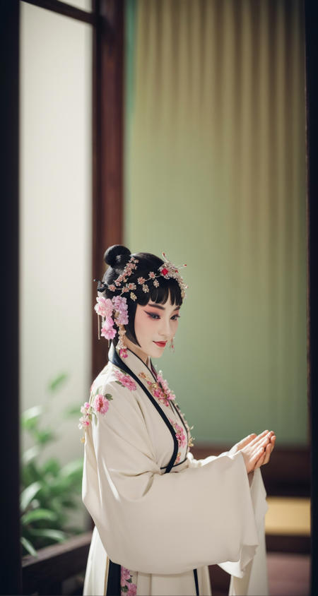 [jingju:999],photorealistic,realistic,solo,photorealistic,best quality,ultra high res,
bjofemale,1girl,solo,jewelry,black hair,hair ornament,makeup,ring,flower,lipstick,eyeshadow,black eyes,floral print,smile,hanfu beautiful,
, Monstrous (Male:1.3) , Illustrator, looking away from camera, Deteriorating Low bun hairstyle, inside of a Serious Lavender Monoliths, film grain, Kodak gold 200, Fish-eye Lens,  <lora:000_AiMeishi_bjomale_bjofemale:1>