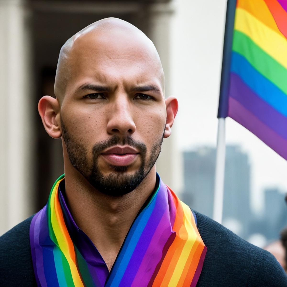 Bald man wearing a rainbow scarf and a black shirt with a flag in the background.