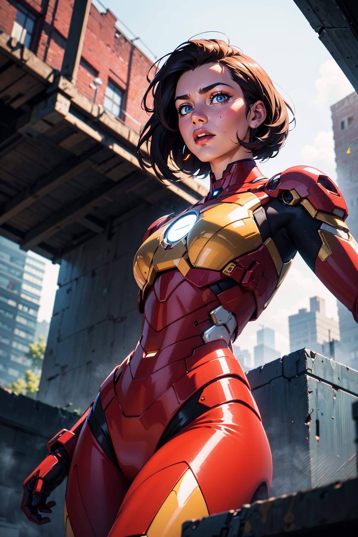 A 3D rendered image of a woman wearing a red and gold Iron Man suit.