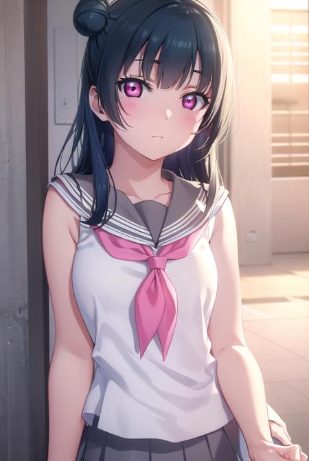 yoshikotsushima, <lora:yoshiko tsushima s2-lora-nochekaiser:1>,
yoshiko tsushima, long hair, bangs, blue hair, (pink eyes:1.3), hair bun, single hair bun, single side bun,
BREAK shirt, school uniform, white shirt, serafuku, neckerchief, uranohoshi school uniform, (orange neckerchief:1.2), sleeveless, skirt, pleated skirt, grey skirt,
BREAK indoors, classroom,
BREAK looking at viewer, (cowboy shot:1.5),
BREAK <lyco:GoodHands-beta2:1>, (masterpiece:1.2), best quality, high resolution, unity 8k wallpaper, (illustration:0.8), (beautiful detailed eyes:1.6), extremely detailed face, perfect lighting, extremely detailed CG, (perfect hands, perfect anatomy),