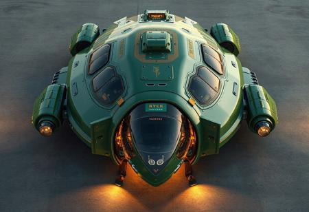 1 vehicle, 
very large hover RV shaped like a turtle
doors and garage entrance with a large cockpit at the front. 
hover jets at each corner of the RV.
Green and gold in color.
View from above. 
8k,