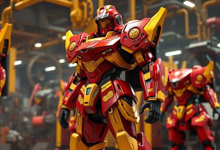 A majestic super armored mecha robot in red and yellow plating with ornate gold accents, black visor, black backpack, black gloves, black boots. Standing tall and proud, head slightly tilted, observing. Epic scale futuristic machine assembly line background. Dynamic isometric view, highly detailed, intricate, captivating cinematic lighting, Octane render, Unreal Engine 5, trending on Artstation, CGSociety, matte painting, splash ink illustration, 4k, Golden Ratio, impeccable composition.