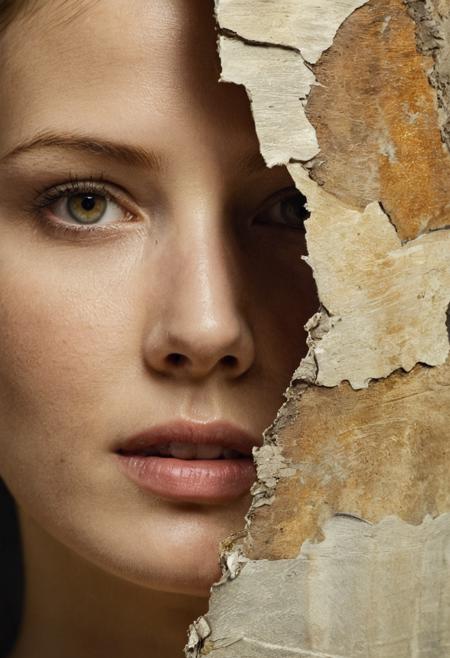 (closeup), (postrait), real woman hidden behind the torn surface of an old painting