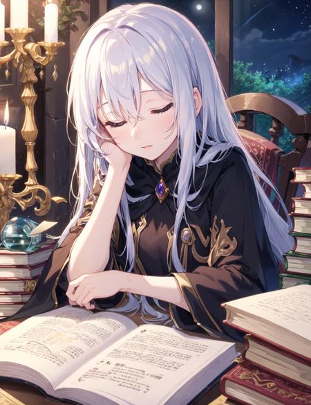 extremely detailed CG unity 8k wallpaper, masterpiece, best quality, ultra-detailed, an extremely delicate and beautiful, night, dark, dim candlelight, candle, messy study room, many books, grimoire, book stock, magic girl, sleepy, head rest, black robe, vase, finely detail,, masterpiece, best quality,