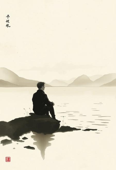 Dreaming by the River , solitary figure sitting by a vast quiet river, gentle ripples in the water, mist rolling over distant hills, soft autumn tones, minimal brushstroke landscape
ink-wash portrait, expressive bold ink strokes, melancholic solitary figure, vast misty landscape, desaturated soft tones, muted earth colors, atmospheric minimalism, textured aged paper, subtle stains and faded text, quiet river, distant mountains, open negative space, dreamlike and poetic mood