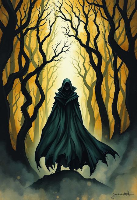 A mysterious fashion-forward figure in a billowing cloak standing in a glowing, misty forest, their silhouette sharply defined by  deep shadows while the trees twist and bend in whimsical style., mixed media, fluid ink work, tea and alcohol stains, intricate linework, surreal elements, ethereal portraits, organic patterns, vibrant colors, flowing compositions, dreamlike aesthetics, abstract realism, layered textures, expressive forms, botanical motifs.
Venetian Renaissance painting, mystical allegory, dark surreal storytelling, sfumato technique, poetic atmospheric landscapes, rich layered symbolism, esoteric mythology, dreamlike realism, cosmic horror undertones, enigmatic figures, painterly textures, philosophical depth, reality and illusion blurred, ancient mythic storytelling, introspective narrative composition