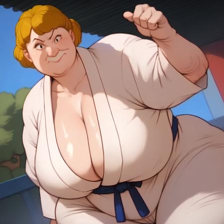 obese, woman, judo uniform, yellow hair