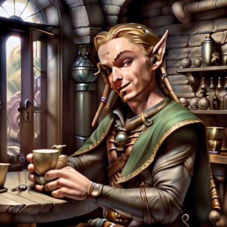 elf, man, full body portrait, sitting in the tavern,  <lora:bgp:1>, bgp style