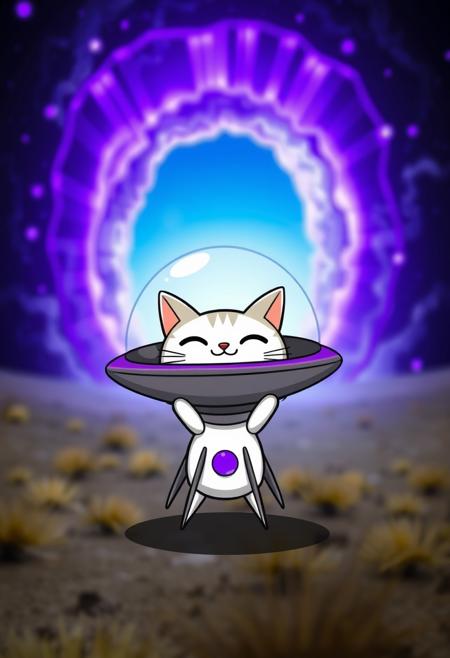 This is a fantastical image featuring a vortex gate composed of purple and blue light, resembling a portal to another world. In the foreground is a cartoon-style UFO cat, with a cute cat face and pointy ears. Its body resembles a UFO with several supports underneath. The contrast between the vortex gate in the background and the UFO cat in the foreground adds a touch of fantasy and whimsy to the image.