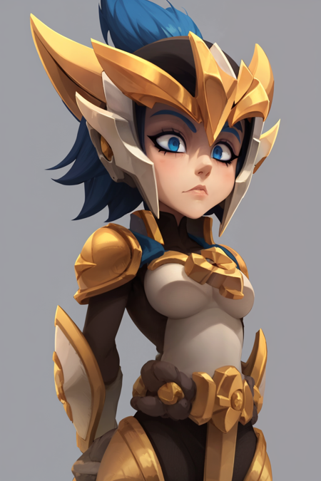 masterpiece, best quality, 1girl, victelise, blue hair, short hair, blue eyes, (glowing eyes:0.3), helmet, gold armor, solo, looking at viewer, simple background, chibi  <lora:VictoriousElise:1>  <lora:WakfuStyle:1>