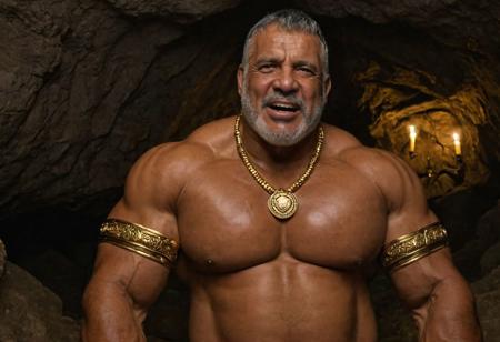 (photo, realistic, raw), (nighttime, at night, dark, dark hard shadows, cinematic atmosphere, movie grain, hazey atmosphere), closeup from below, (brute, barbarian, etherial, spiritual, emperor, king, god), old burly buff gentleman, old manly mature man, combed back hair,  doublechin, old tanned grandpa, wrinkly neck, proud big chest, thick neck, armpits, tanned skin, tight golden spandex, gold jewellery, gold necklace,gold earring, tribal tattoos, in a dark ancient cave at night, nighttime,looking directly at viewer with a loving caring smile, leaning forward close to viewer, very close, intimite situation, romantic atmosphere, intimate lustful romantic expression, sad expression, belly and pecs from below