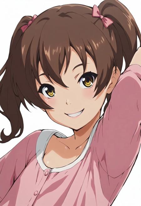score_9, score_8_up, score_7_up, score_6_up, score_5_up, score_4_up, masterpiece, best quality
BREAK
1girl, solo, Shiraishi Nana, brown hair, yellow eyes, smiling, happy, looking at viewer, young, petite, flat chested, pink and white pajamas
BREAK
simple background, white background