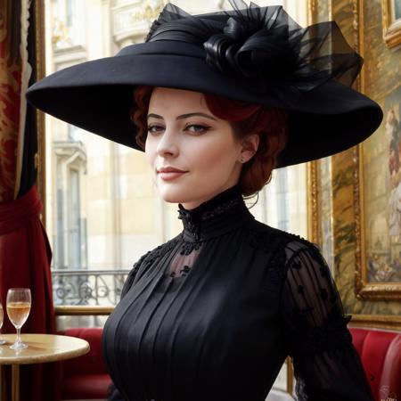 masterpiece, uhd, sharp color  photo of a beautiful woman wearing a high-neck layered black dress, with a hat on, flirting with men at a Parisian cafe  <lora:1905_dress_v1:1> 1905_dr3ss