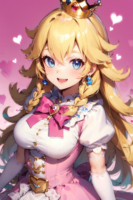 Peach_SMP,  best quality,  (masterpiece:1.5), (ultra-detailed),  (high quality:1.3),  (high resolution),  , 1girl,  blonde hair,  blue eyes,  bowtie,  braid,  braids,  crown,  dress,  elbow gloves,  gloves,  grey eyes,  heart,  jewelry,  long hair,  looking at viewer,  open mouth,  peachette,  pink bow,  pink dress,  puffy short sleeves,  puffy sleeves,  smile,  solo,  striped,  super crown,  twin braids,  white gloves, <lora:EMS-48450-EMS:0.800000>