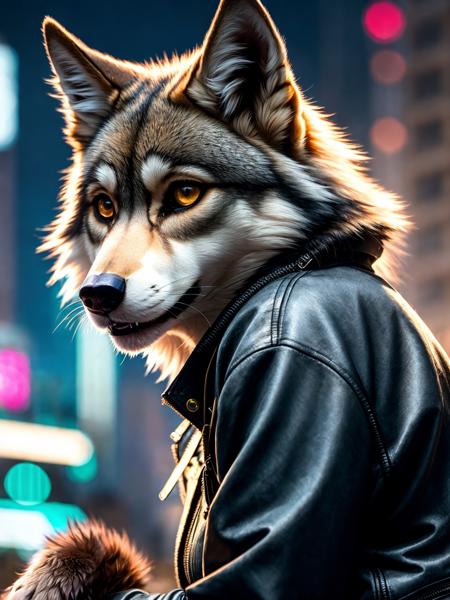 (Highest Quality, 4k, masterpiece, Amazing Details:1.1), sitting, cyberpunk background, wearing cyberpunk clothes ,medium breast, Shallow Depth of Field, E671, lens 50mm f/2.0, ((black anthro wolf female)), thin eyebrows, wavy short hair with flower hair ornament, (realistic fur, detailed fur texture:1.2),fangs , ((photorealistic) (RAW Photo)),((paws))