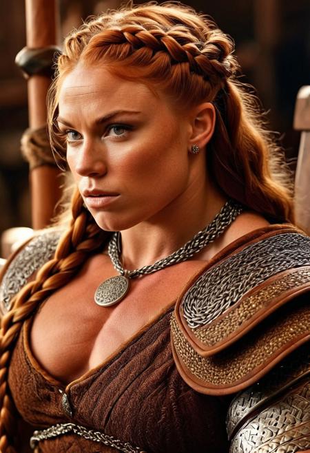 (((masterpiece))),(((best quality))), extreme closeup photo of an Enormous female bodybuilder woman viking princess. Massive defined bulging muscles. Detailed braided auburn hair. Highly detailed beautiful face, detailed skin, (freckles:0.8), detailed eyes, wearing a medieval era viking dress and jewellery, sitting on the throne in a viking longhouse, detailed and intricate environment, global illumination, (photorealistic), 8k uhd, natural lighting, raw, rich, intricate details, key visual, atmospheric lighting, bokeh, professional, highly detailed