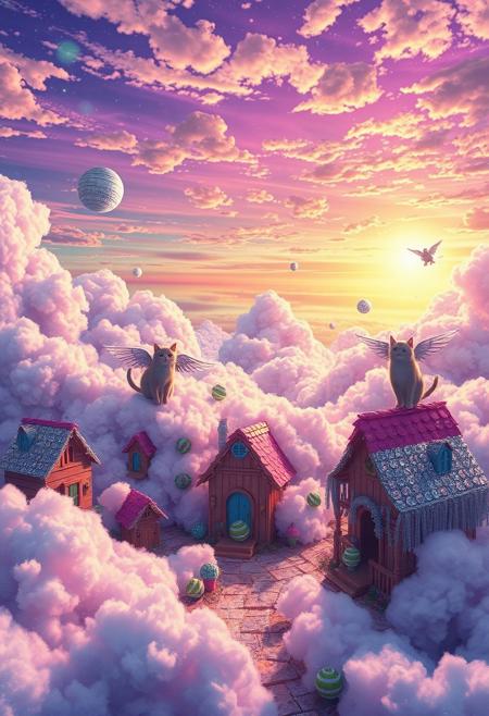 Imagine a fantasy anime world where a village of singing cats lives on fluffy cotton candy clouds. cats with wings float gracefully in the air. The sky is an outrageous mix of neon purple, bright green, and shimmering silver.
shining in the sunset sunlight like a disco ball. The village has whimsical cottages made of sparkling crystals and candy wrappers. Photograph this delightfully chaotic scene from a distance to demonstrate the utterly ridiculous charm and joy of this whimsical and magical landscape!