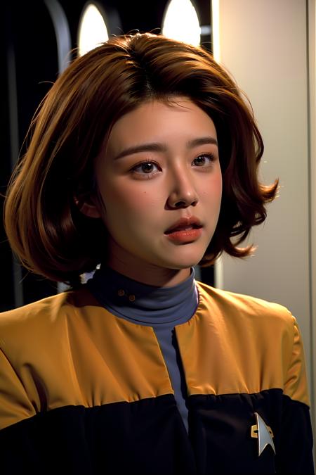 asian woman with ginger curly hair in yellow voyunf uniform ,on a starship<lora:VoyunfRefined:0.8>