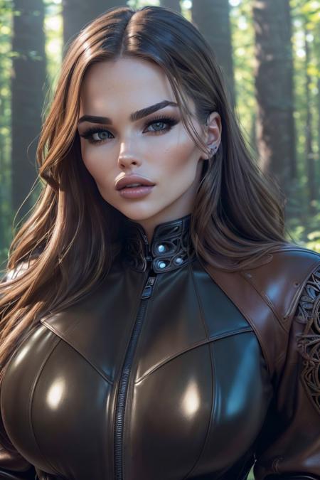 closeup portrait of S088_PaigeBritish, a beautiful woman, in a (forest:1.2), wearing a (leather-jacket:1.25) over a (rubber-suit:1.15), (8k, RAW photo, best quality, DOF, ultra high res:1.2), (absurdres, intricate, photorealistic, masterpiece, ultra-detailed, Unreal Engine:1.3)