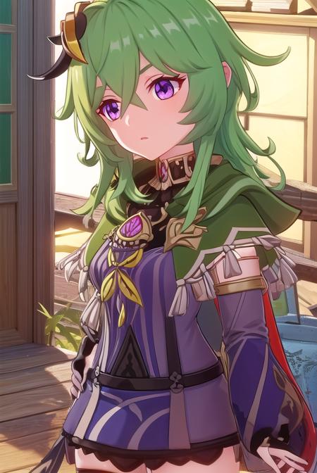 collei, bangs, hair ornament, hair between eyes, (purple eyes:1.1), green hair, thighhighs, long sleeves, jewelry, zettai ryouiki, capelet, vision \(genshin impact\),